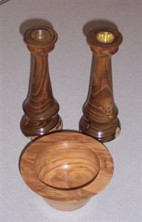 Pair of Laburnam candlesticks and olive bowl by Syd Weatherley
